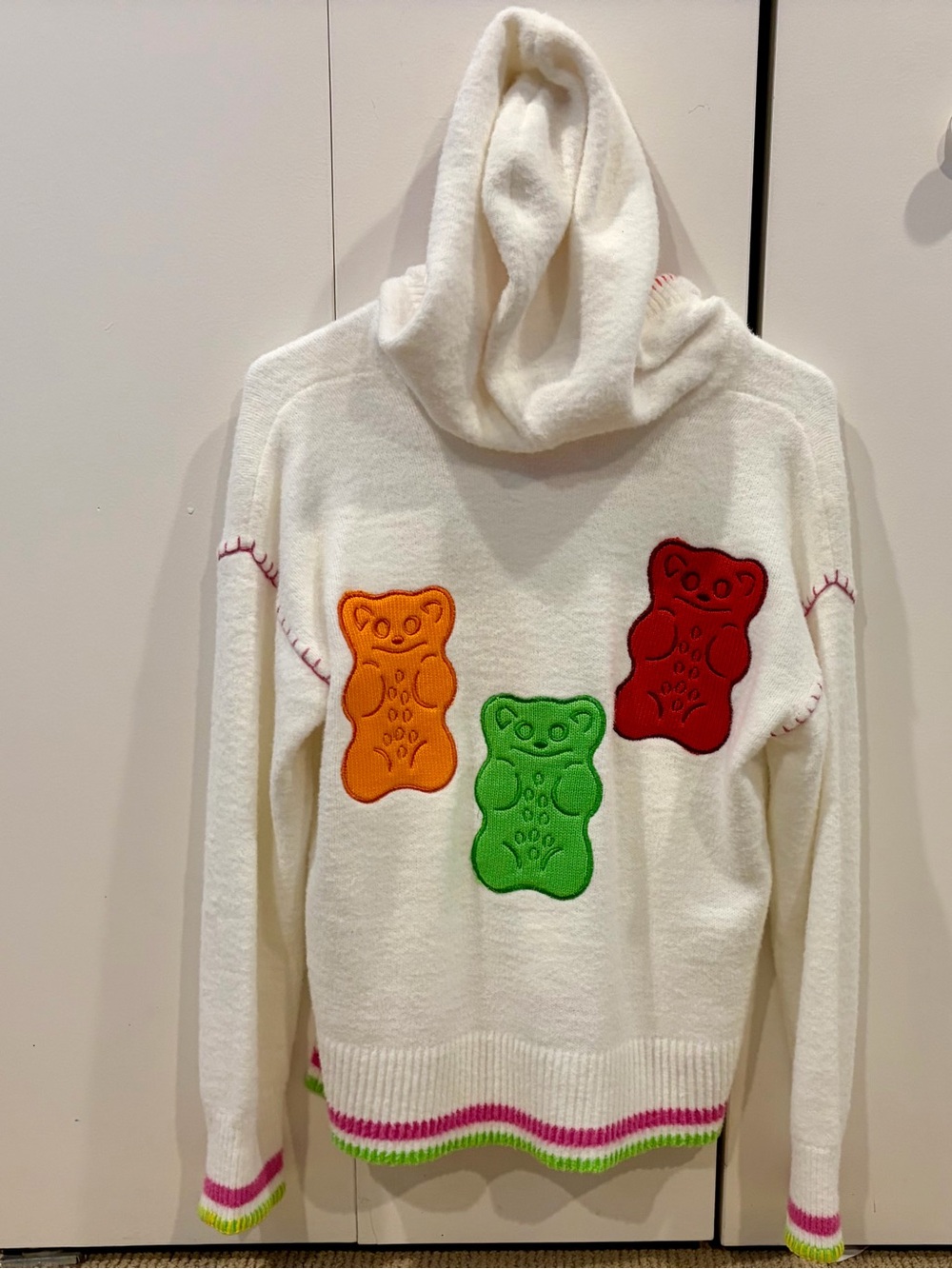 NWT JCPenney x Haribo Cream Knit V-Neck Hoodie Sweater Pink Lime Trim